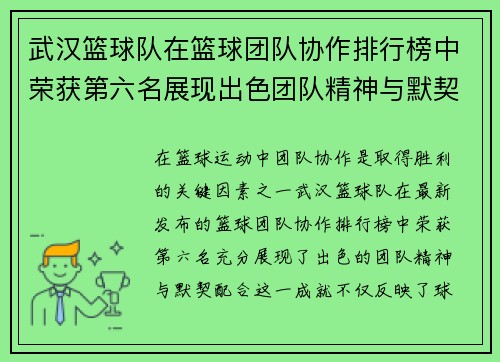 武汉篮球队在篮球团队协作排行榜中荣获第六名展现出色团队精神与默契配合